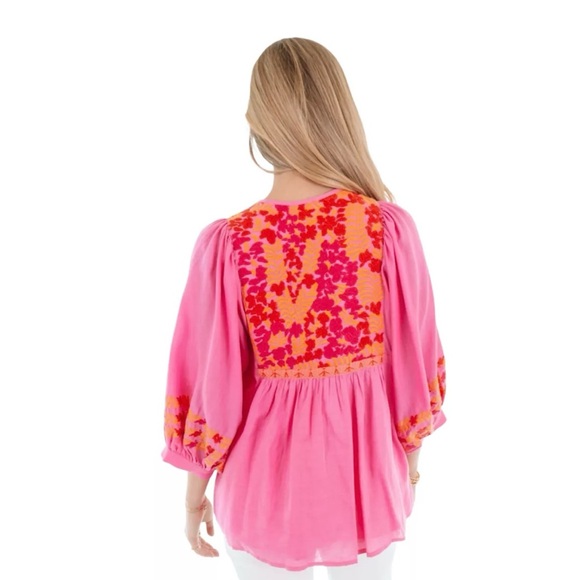 Vibrant Pink Floral Women's Blouse. In boho style. - Picture 3 of 6